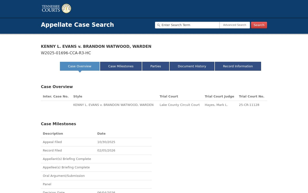 Tennessee Public Case History sample showing appellate overview and docket fields