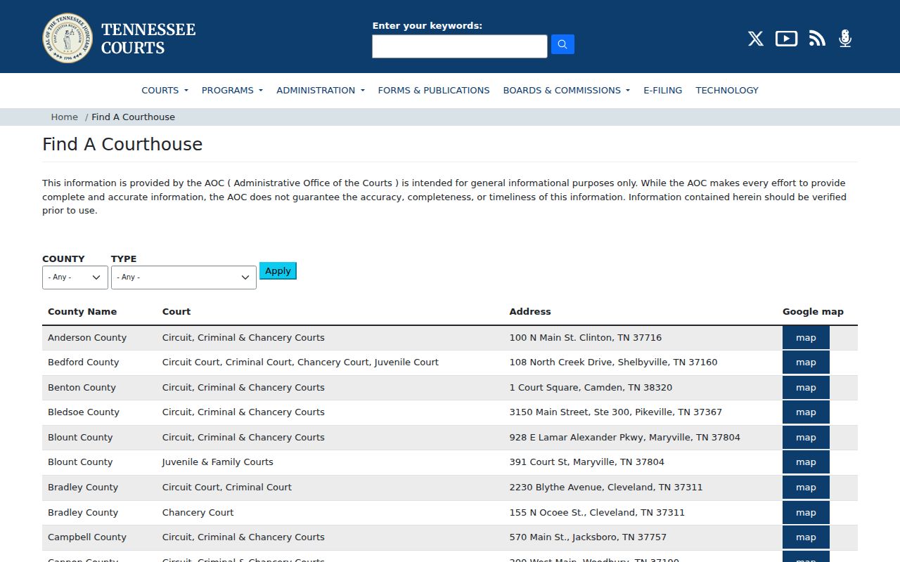 Tennessee AOC courthouse directory entry for Lake County courts