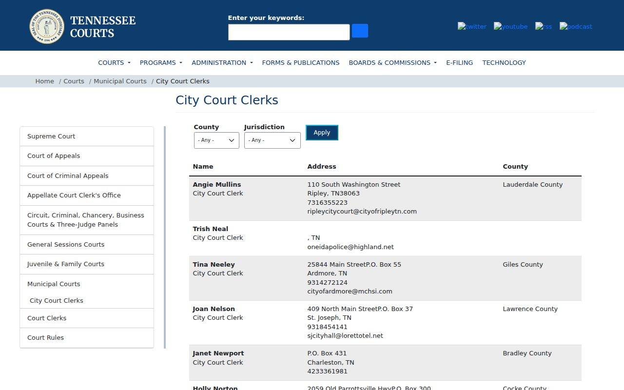 Lake County traffic tickets Ridgely clerk directory