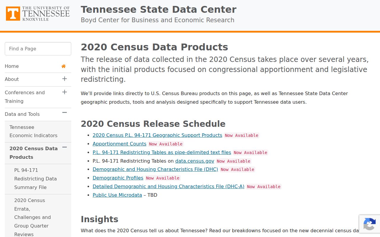 Tennessee State Data Center page supporting Ridgely 2020 Census context