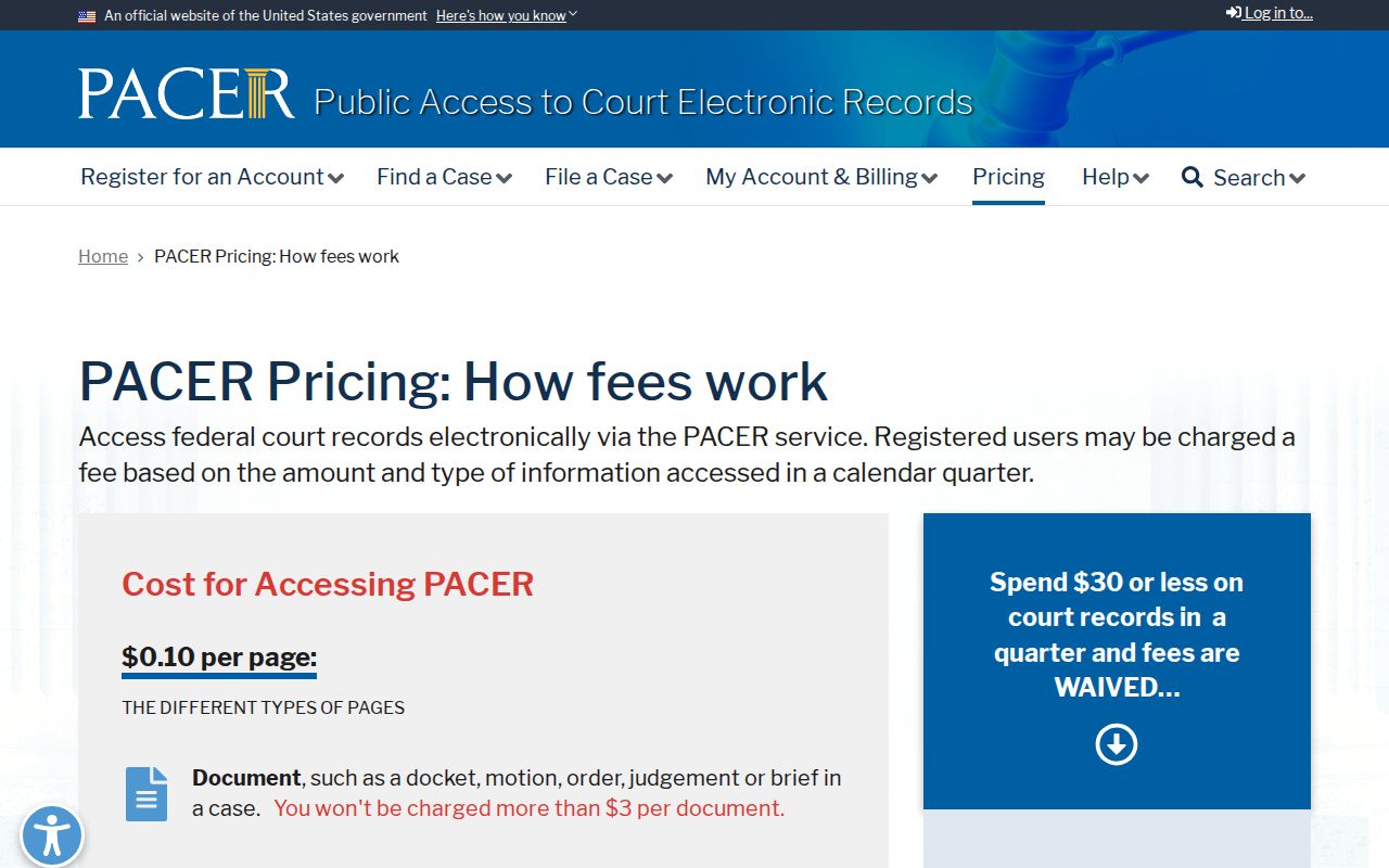 PACER pricing and fee waiver information