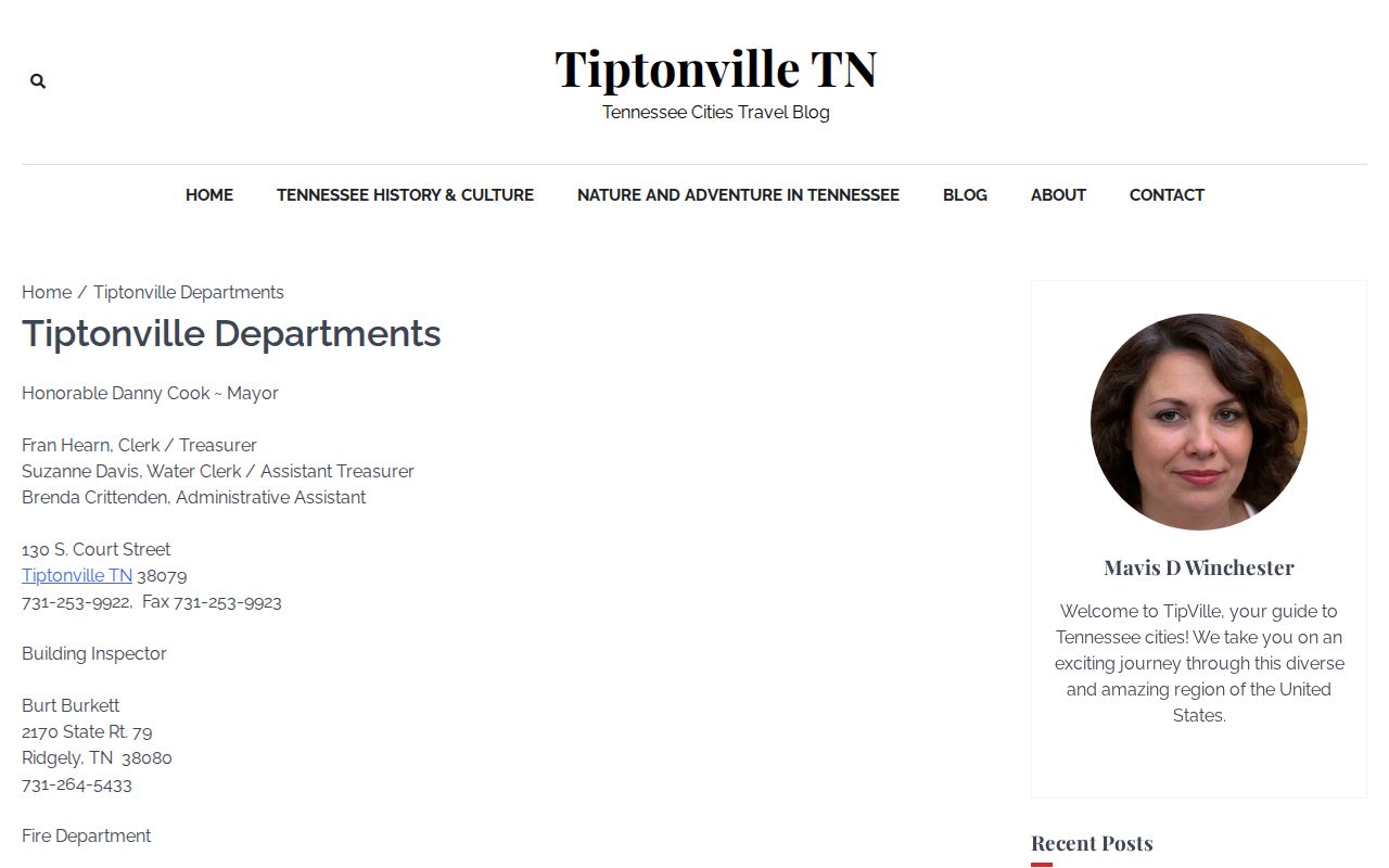 Tiptonville official departments page with city clerk contact